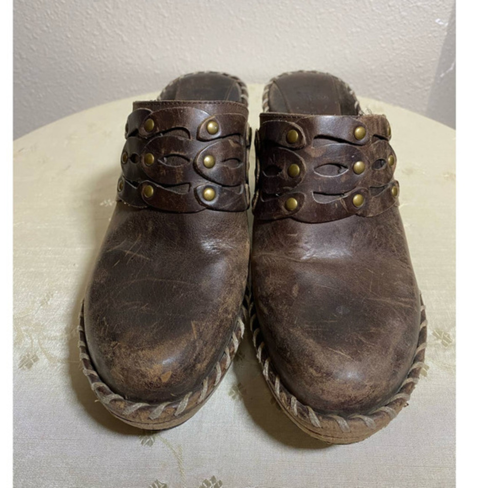 Frye Charlotte Chocolate Brown Leather Chunky Heels Mules Clogs Women’s 7/7.5